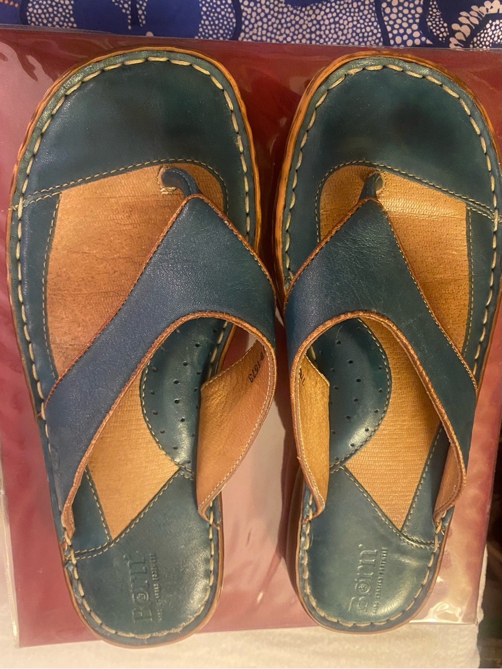 Born Leather Upper Thong flip flops Teal 7, (38 European sizing) Handcrafted